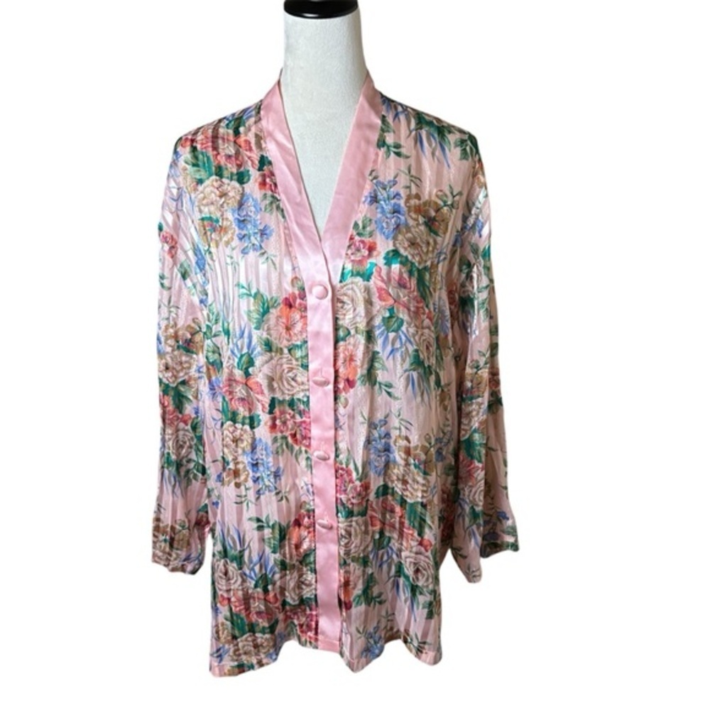 90s Vintage Victoria's Secret Pink Satin Sheer Top L | Floral Cottage Loungewear